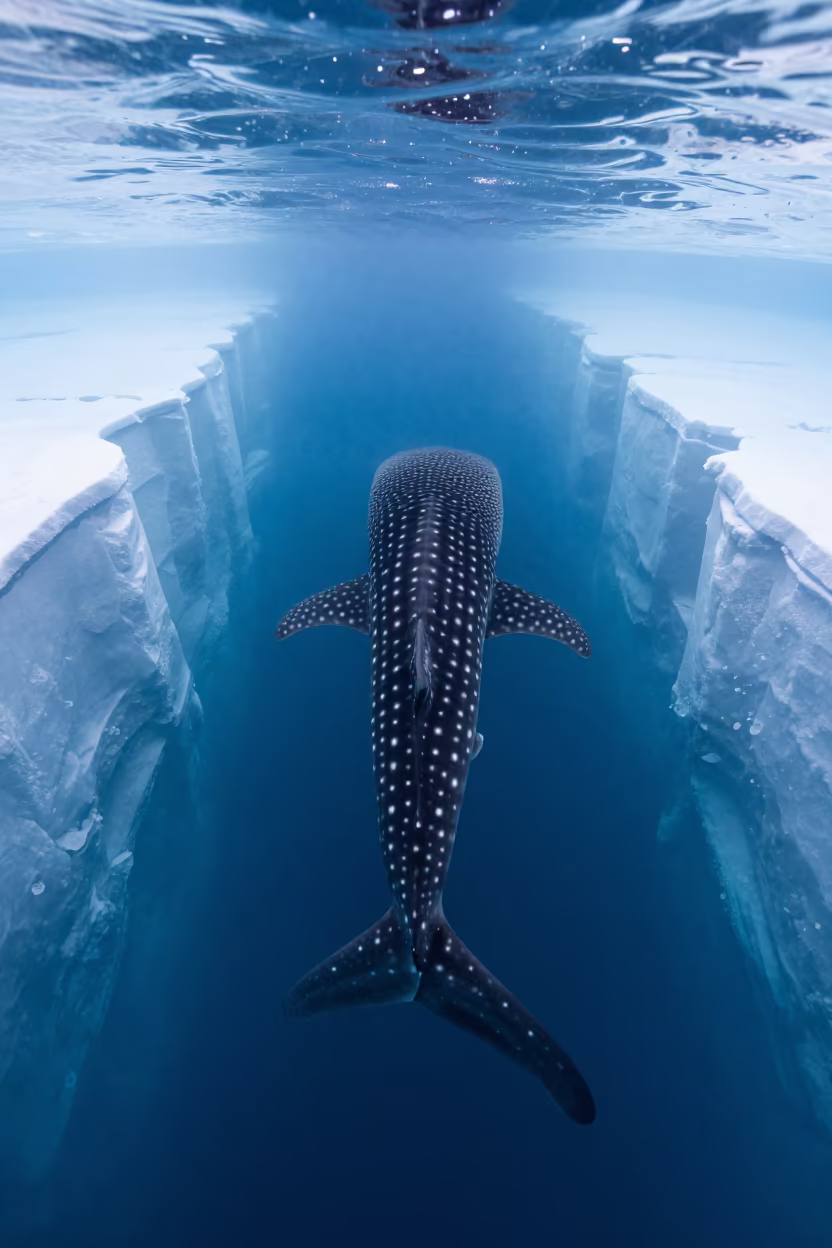 Whale Shark in Winter Dawn Water in along an ice-scoured channel near Sapporo