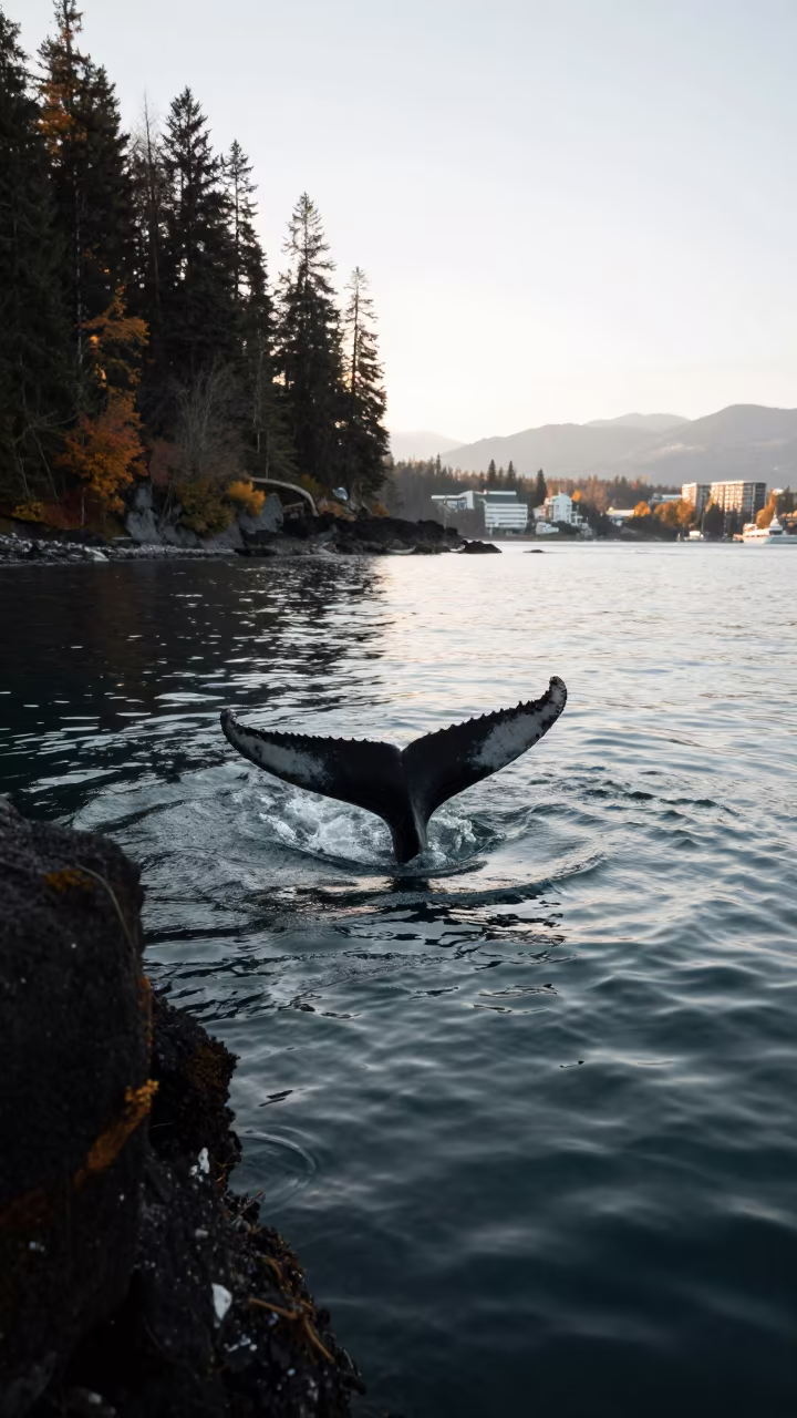 Whale Tail Dives Near Vancouver Volcanic Drop-off in beside a volcanic drop-off near Main Street, Vancouver