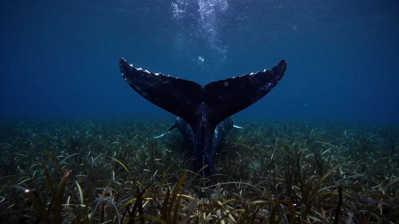 Whale Tail Dives Over Fiji Seagrass at Night in above a seagrass meadow in Fiji