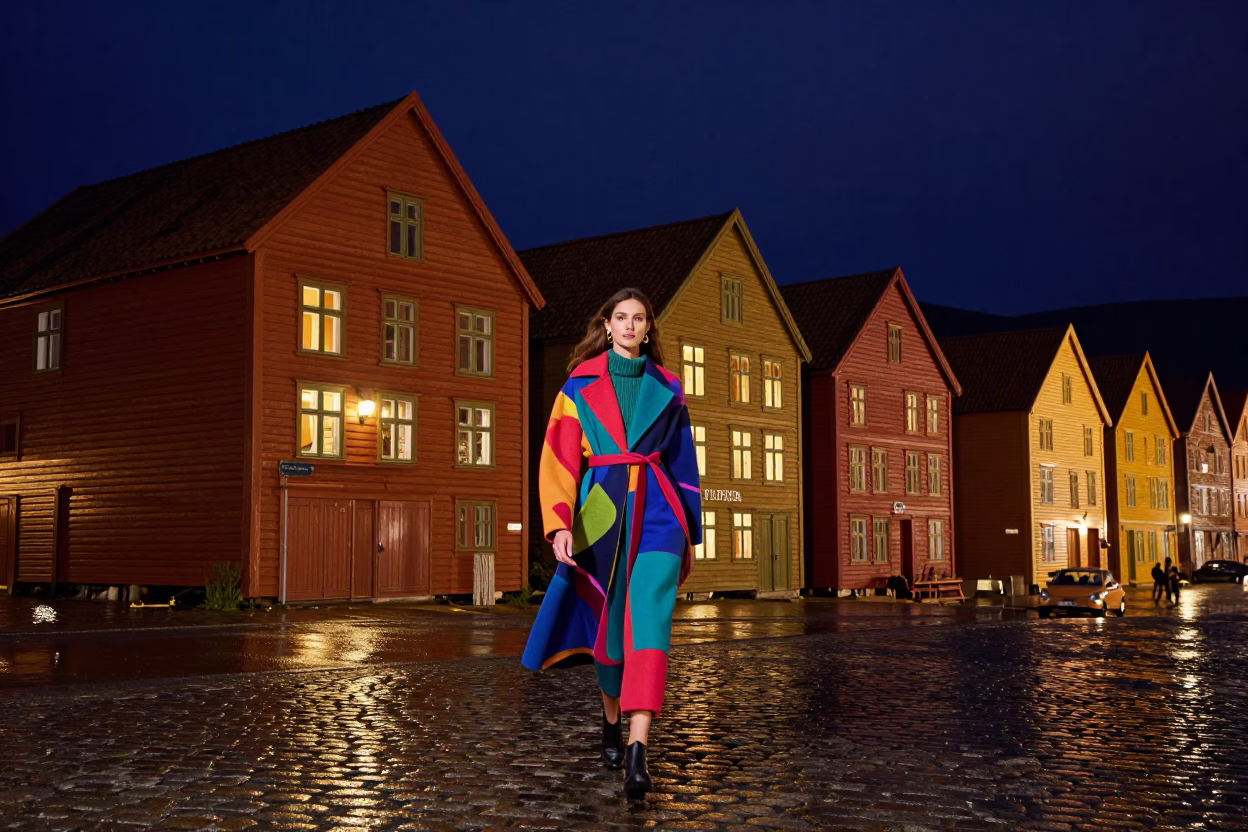 Wharf Buildings in Bergen at Deep In The Night Light in in Bergen, Norway
