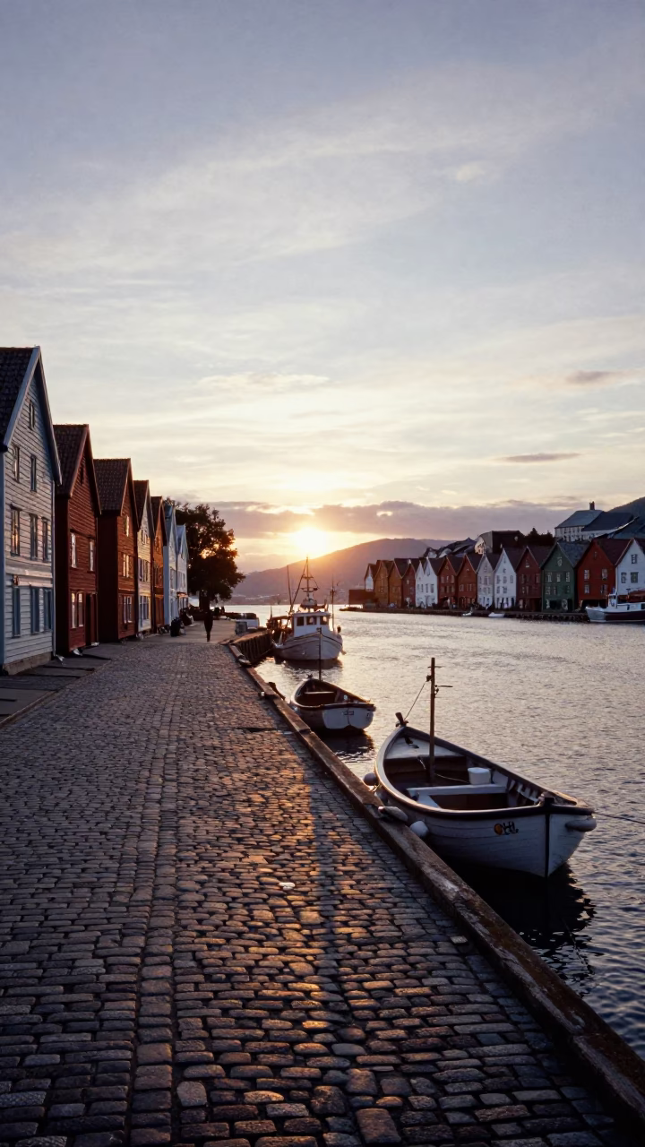 Wharf in Bergen at As The Sun Drops Toward The Horizon in in Bergen, Norway