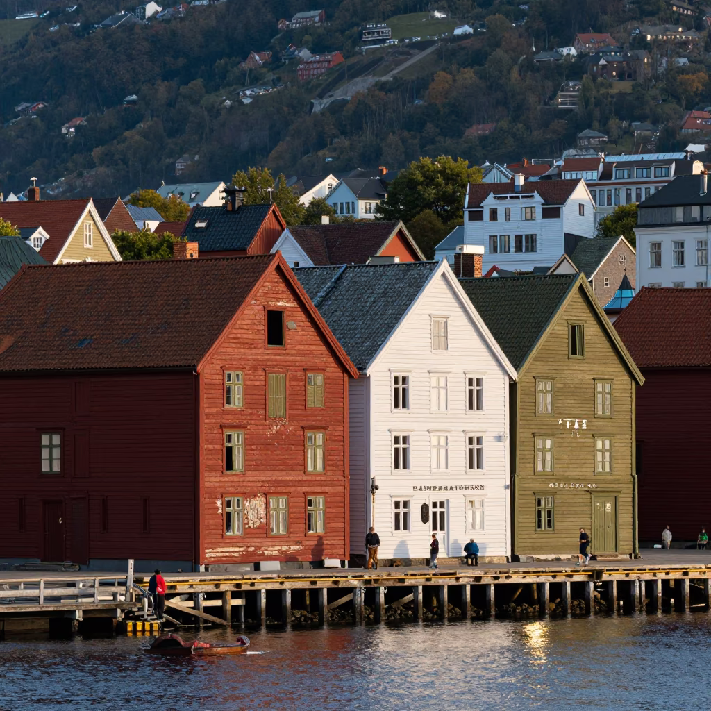 Wharf Waterfront in Bergen at As First Light Reaches The Scene in in Bergen, Norway