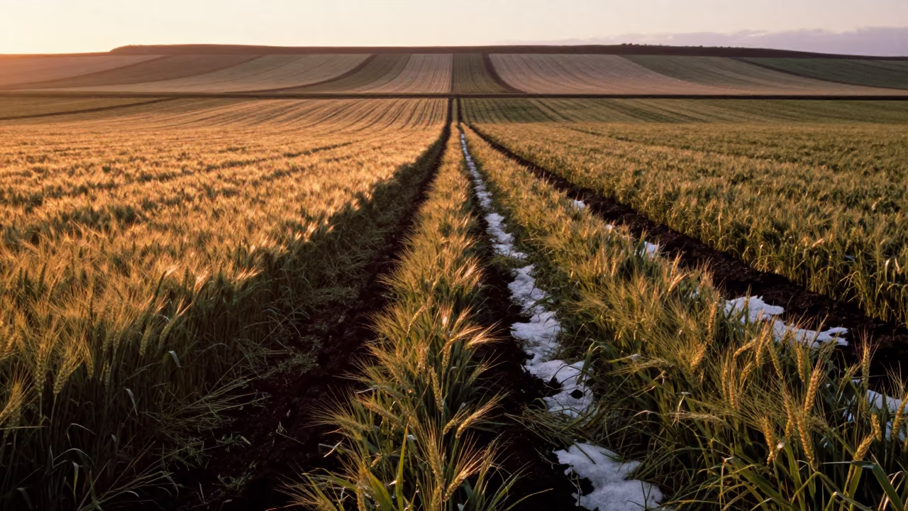 Wheat and Barley Fields in Iceland Spring Light in along freshly irrigated rows in Iceland