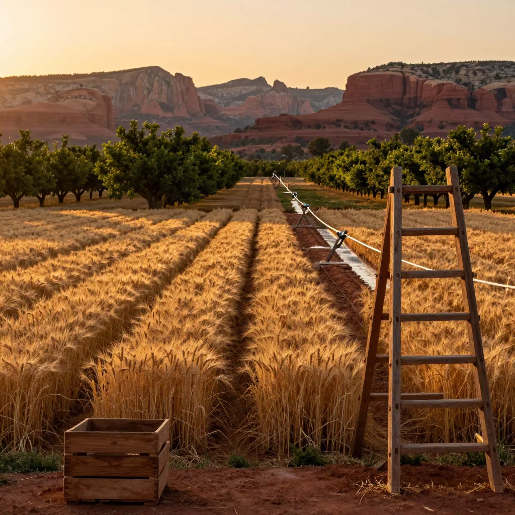 Wheat Barley Harvest Fields Sedona Orange Light in among orchard ladders and crates in Sedona