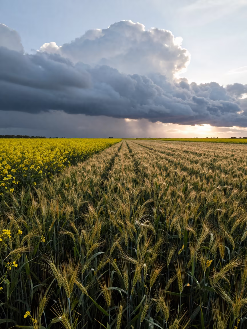 Wheat and Canola Under Storm Shadows at Ejido in over a horizon of stacked thunderheads near Ejido