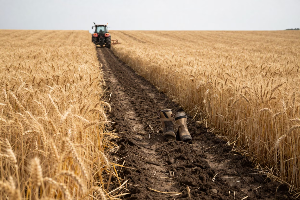 Wheat Field Path Tracked by Harvest Boots in beside a tractor track through dark soil in Sofia