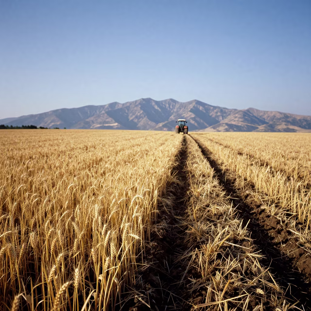 Wheat Field Stubble After Harvest Rain in beside a tractor track through dark soil in Ramallah