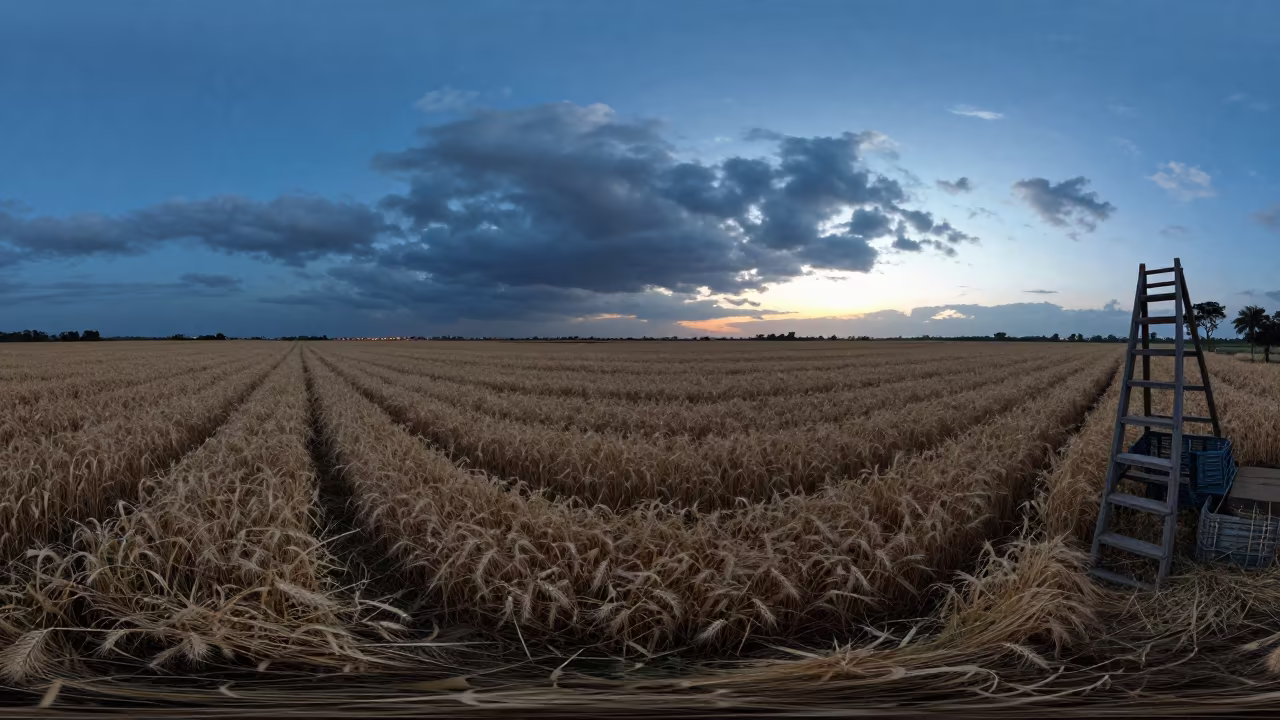 Wheat Field Waves Silhouetted Against Lusaka Horizon in among orchard ladders and crates in Lusaka