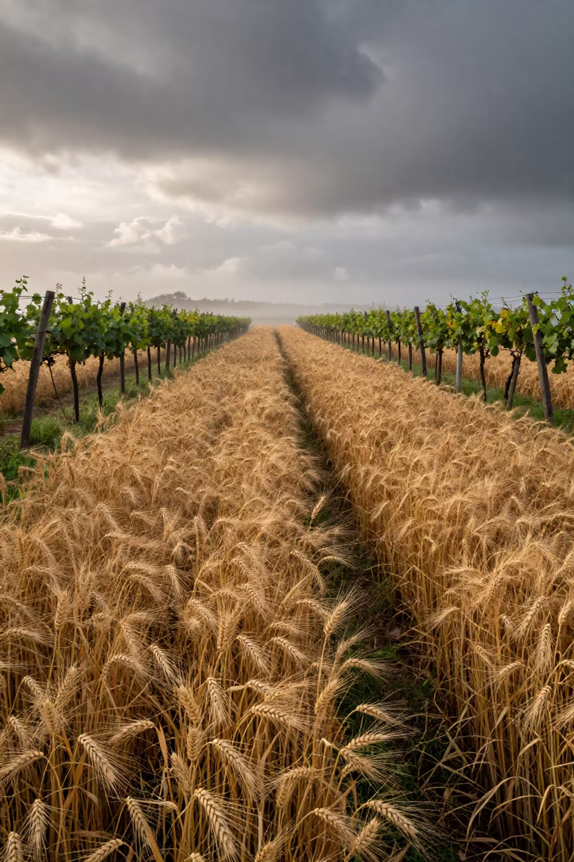 Wheat Field Waves Monsoon Dawn Taxco Mist in between vineyard trellises in Taxco