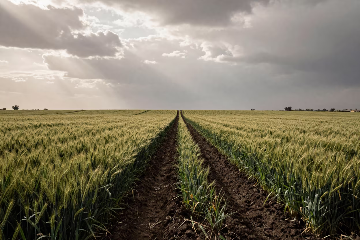 Wheat Headland Tracked by Tractor in Ghardaia in beside a tractor track through dark soil in Ghardaia