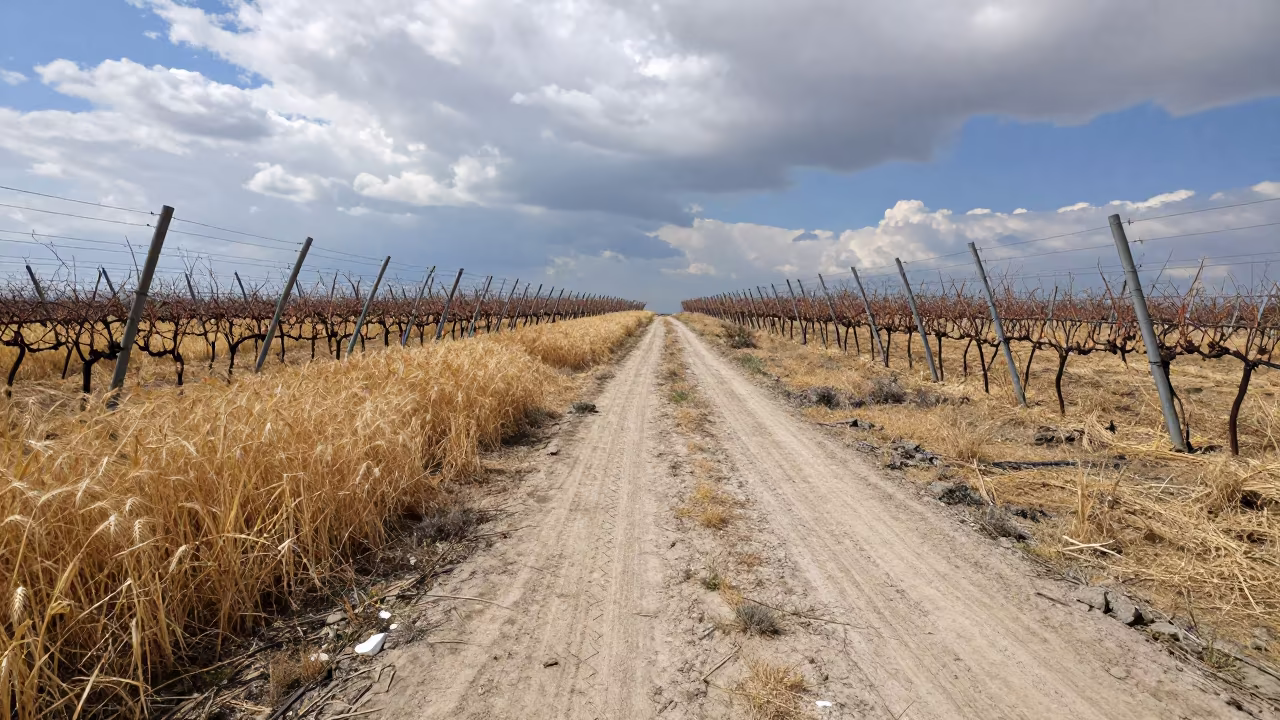 Wheat Path Between Vineyard Trellises in Armenia in between vineyard trellises in Armenia