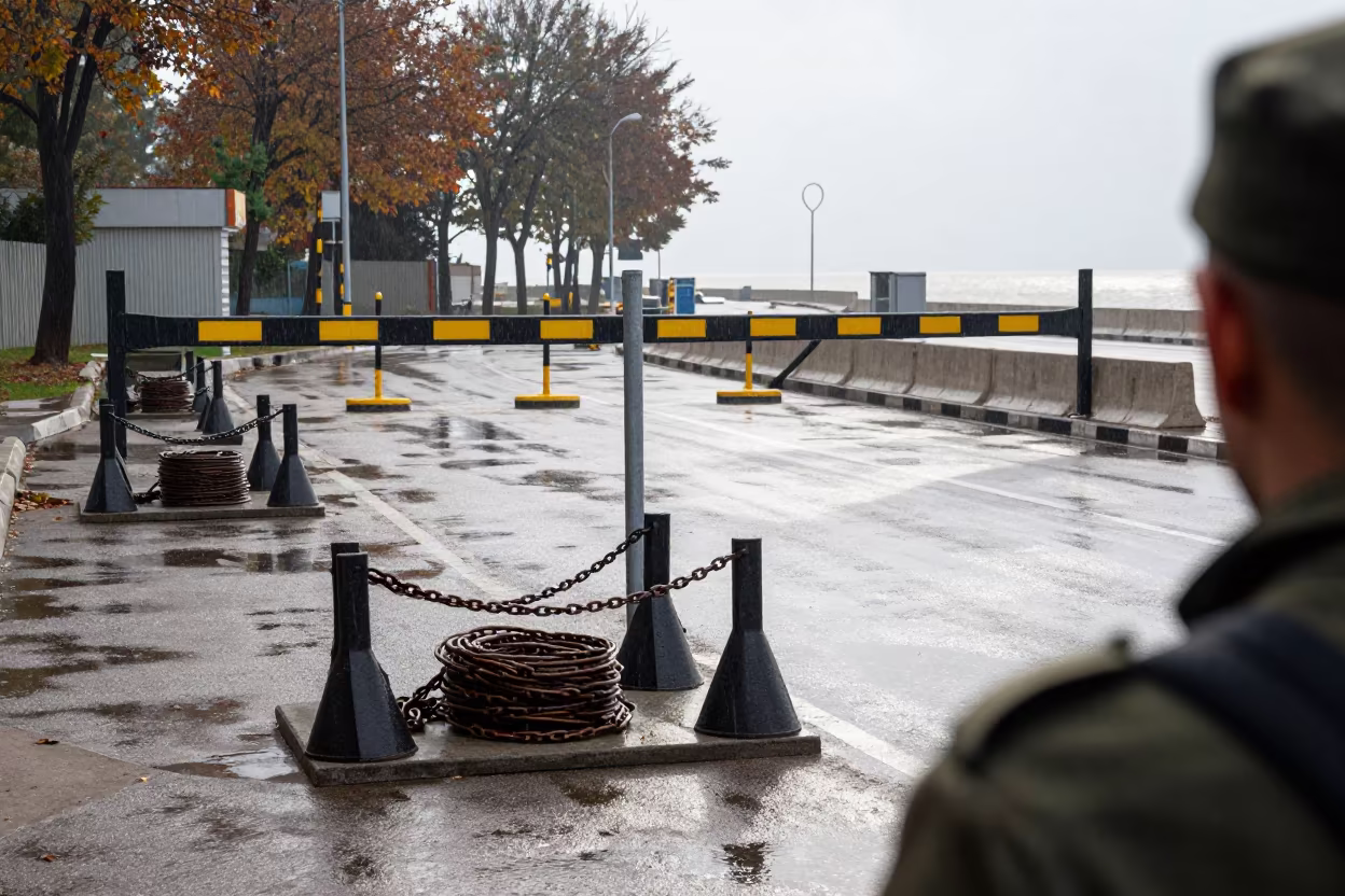 Wheel Chock Chain Rack at Akhisar Checkpoint in at a checkpoint lane in Akhisar