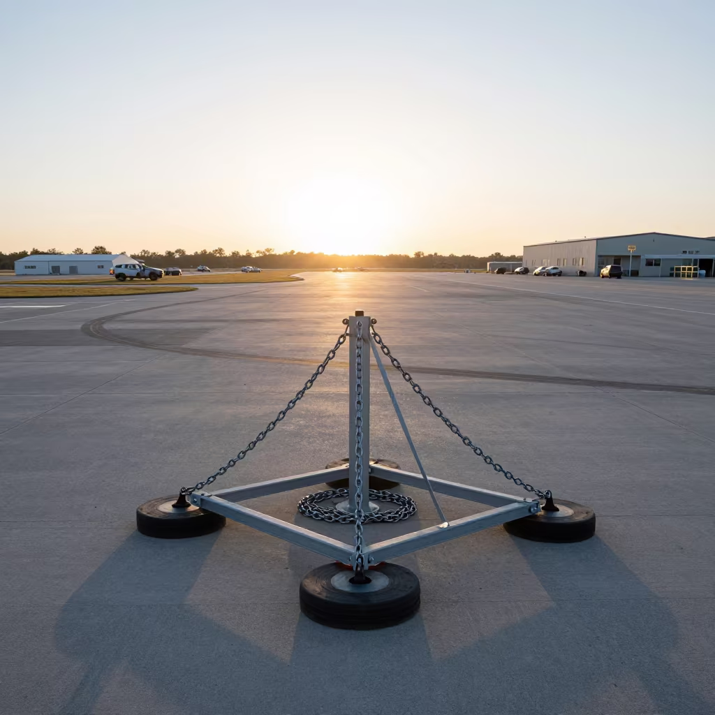 Wheel Chock Chain Rack Dawn Flightline Oklahoma in along an airbase flight line in Oklahoma