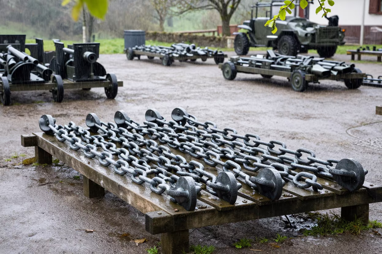 Wheel Chock Chains on Asturian Ground in beside a convoy halt on open ground in Asturias