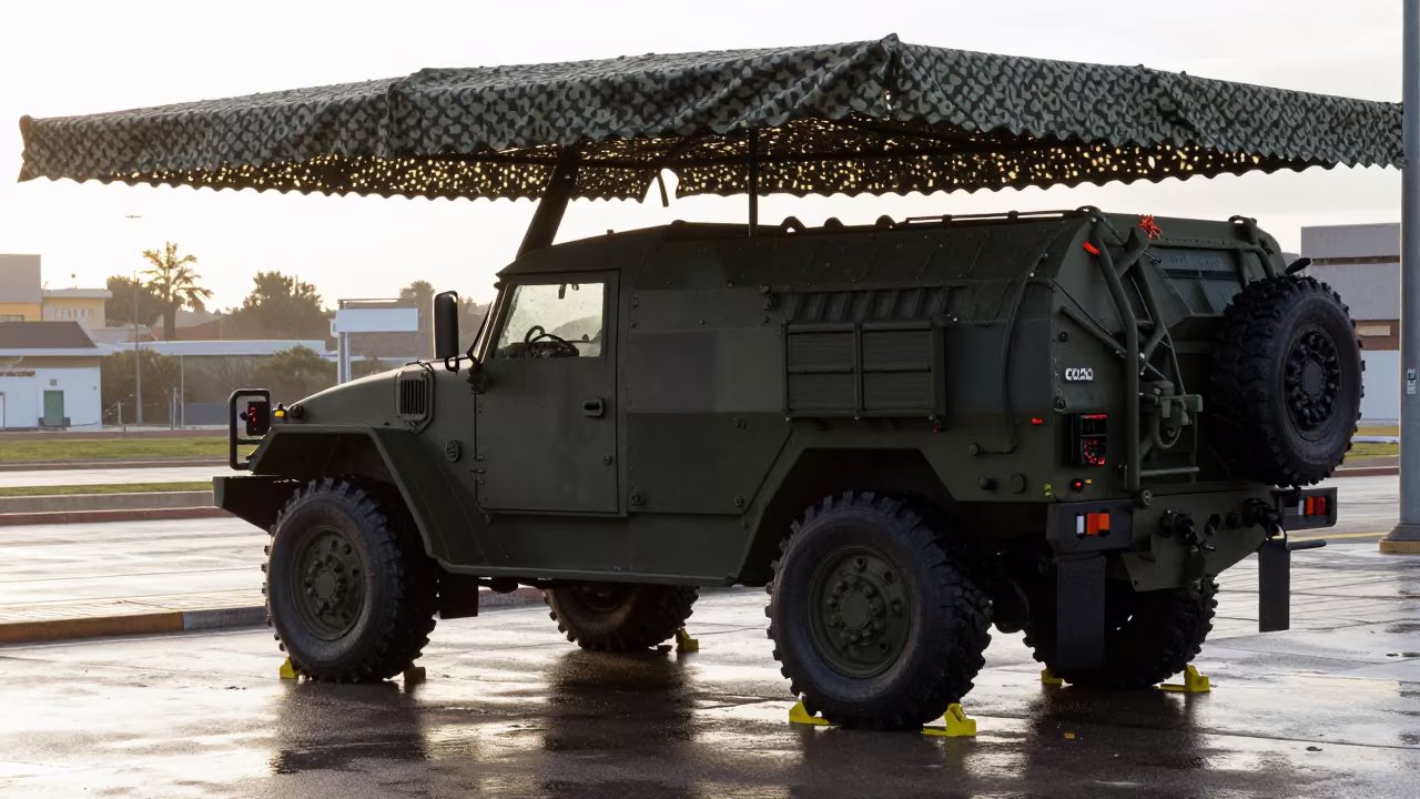 Wheel Chocks Silhouetted Under Camo Net in beneath a camouflage net shelter in Valencia
