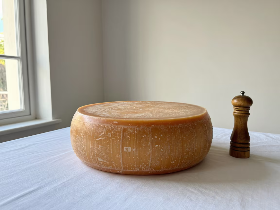 Wheel of Aged Cheese on Linen in San Luis Deli in on a linen-covered restaurant table in San Luis