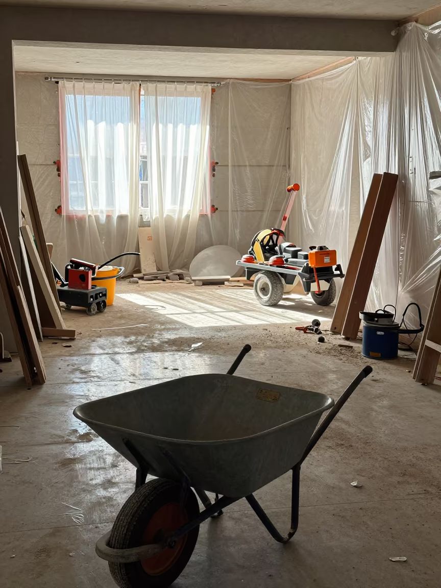 Wheelbarrow Tag in Vegas Renovation Zone in in a renovation zone under temporary light in Las Vegas