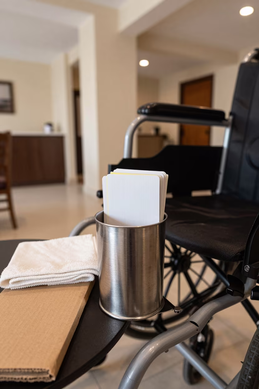 Wheelchair Cup Holder in Port-au-Prince Hotel Lobby in inside a hotel lobby in Port-au-Prince