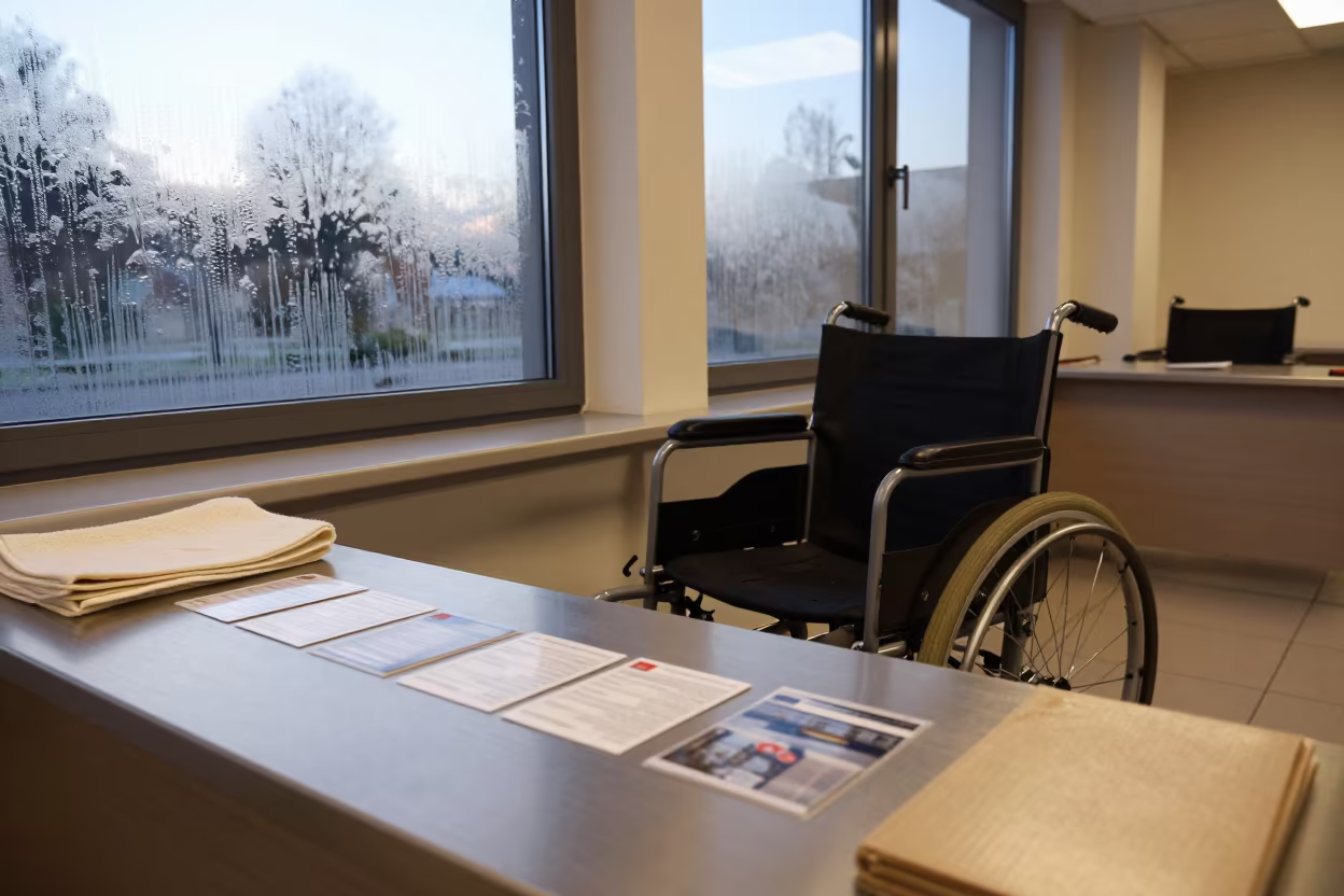 Wheelchair Cup on Lobby Desk Bielsko Biała in at a reception desk under warm light near Bielsko-Biała