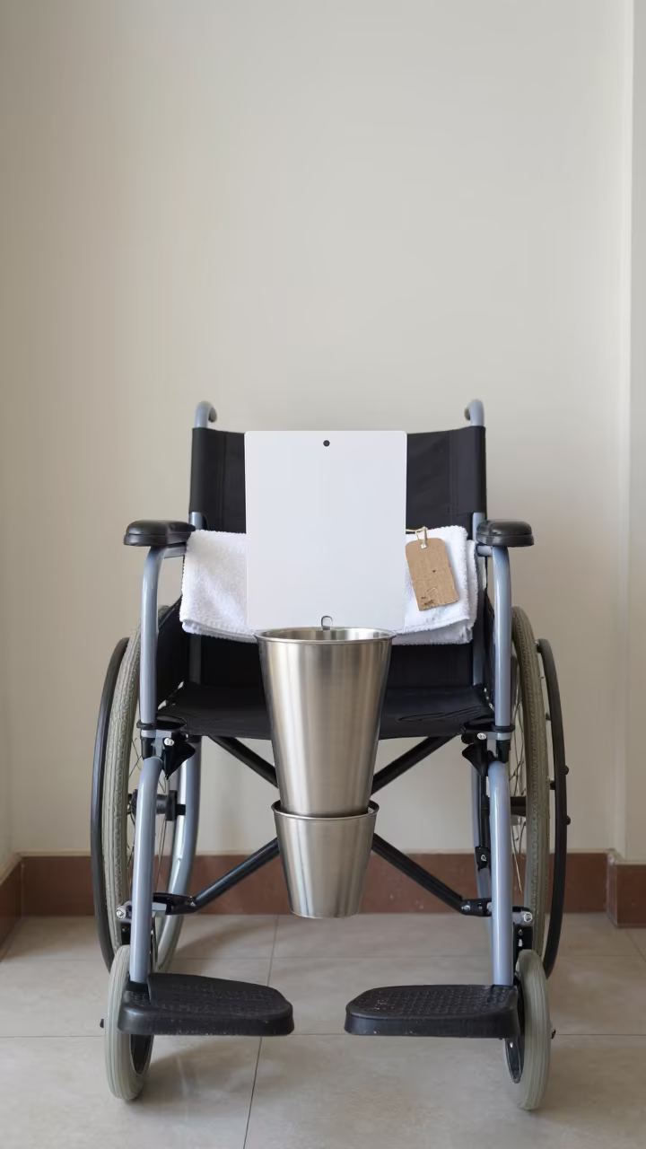Wheelchair Footplate Cup in Winter Lobby Light in inside a hotel lobby in San Cristóbal de La Laguna
