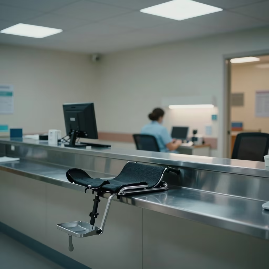 Wheelchair Footrest Cup at Nurse Station in at a nurse station under monitor glow in Valera