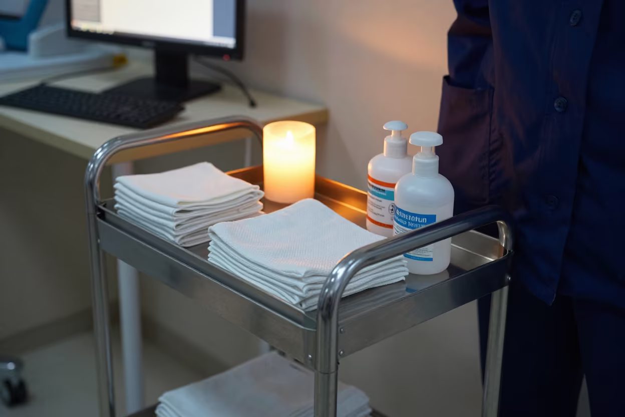 Wheelchair Wipe Cart at Nurse Station in at a nurse station under monitor glow in Kota Kinabalu