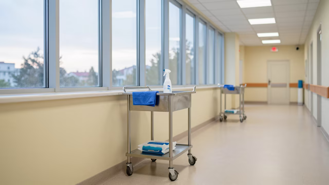 Wheelchair Wipe-Down Cart in Gdansk Hospital Corridor in inside a hospital corridor near Gdansk