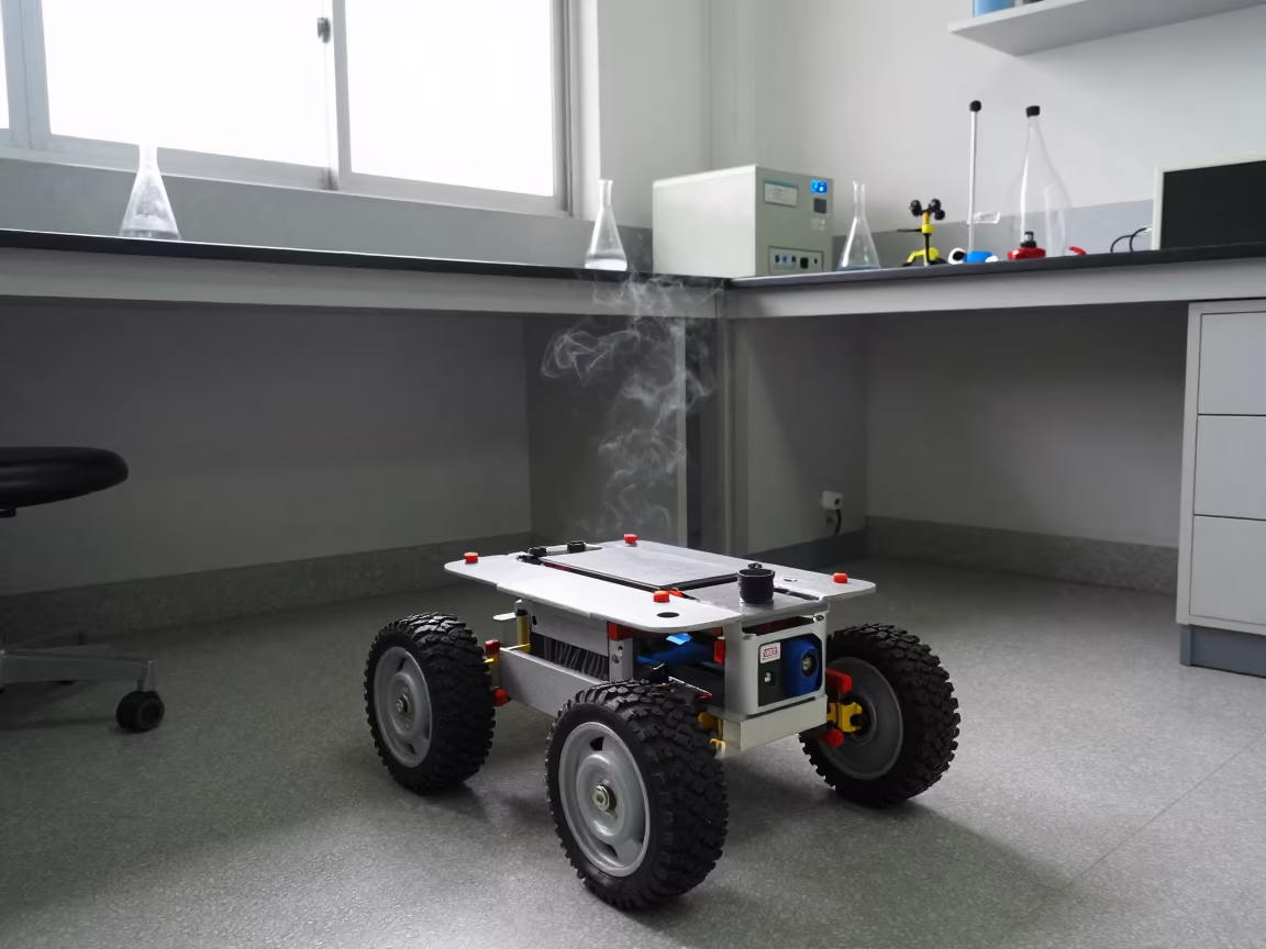 Wheeled Prototype Robot in Rio Lab in in a bright laboratory near Santa Teresa, Rio de Janeiro