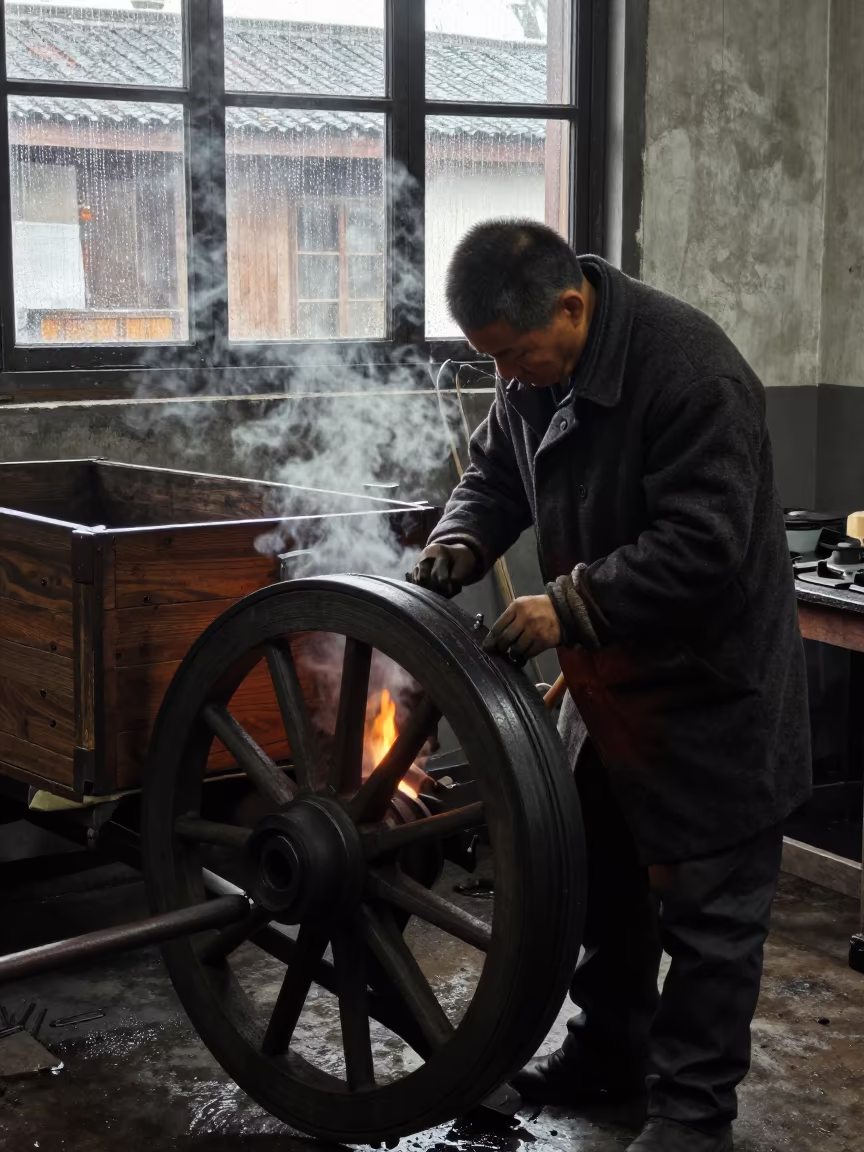 Wheelwright Fitting Iron Tire on Wagon Wheel in in Ningbo