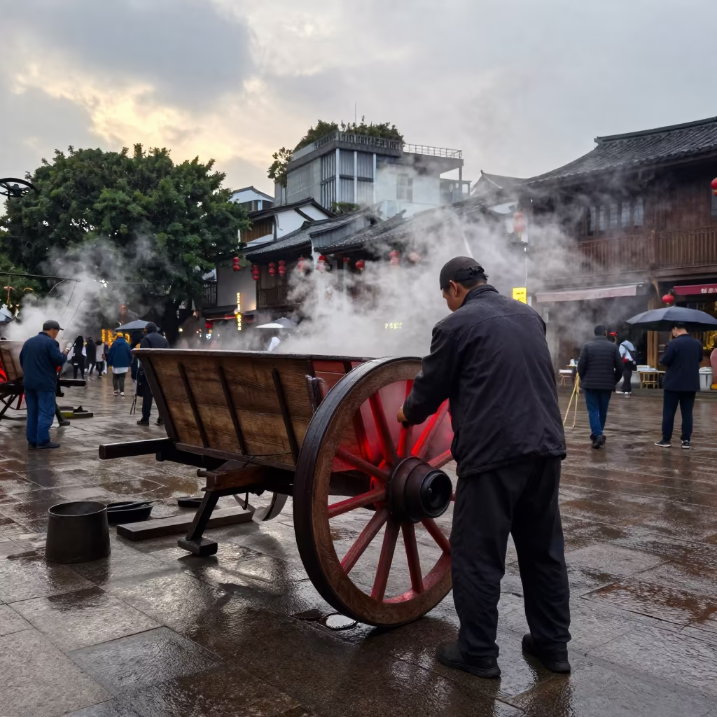 Wheelwright Fitting Iron Tire Wagon Wheel Fuzhou in at a public square in Fuzhou