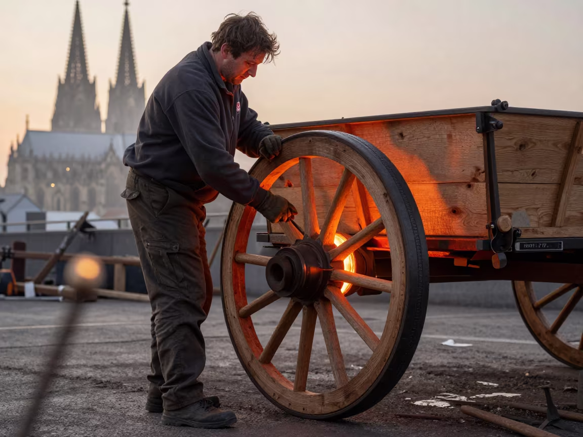 Wheelwright Fitting Iron Tire Wagon Wheel in near Cologne