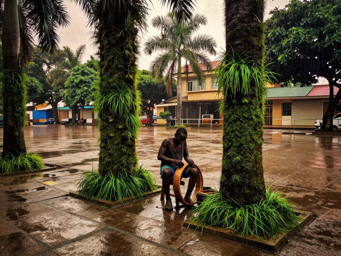 Wheelwright Shaping Rim Amid Vertical Jungle in at a public square in Kinshasa