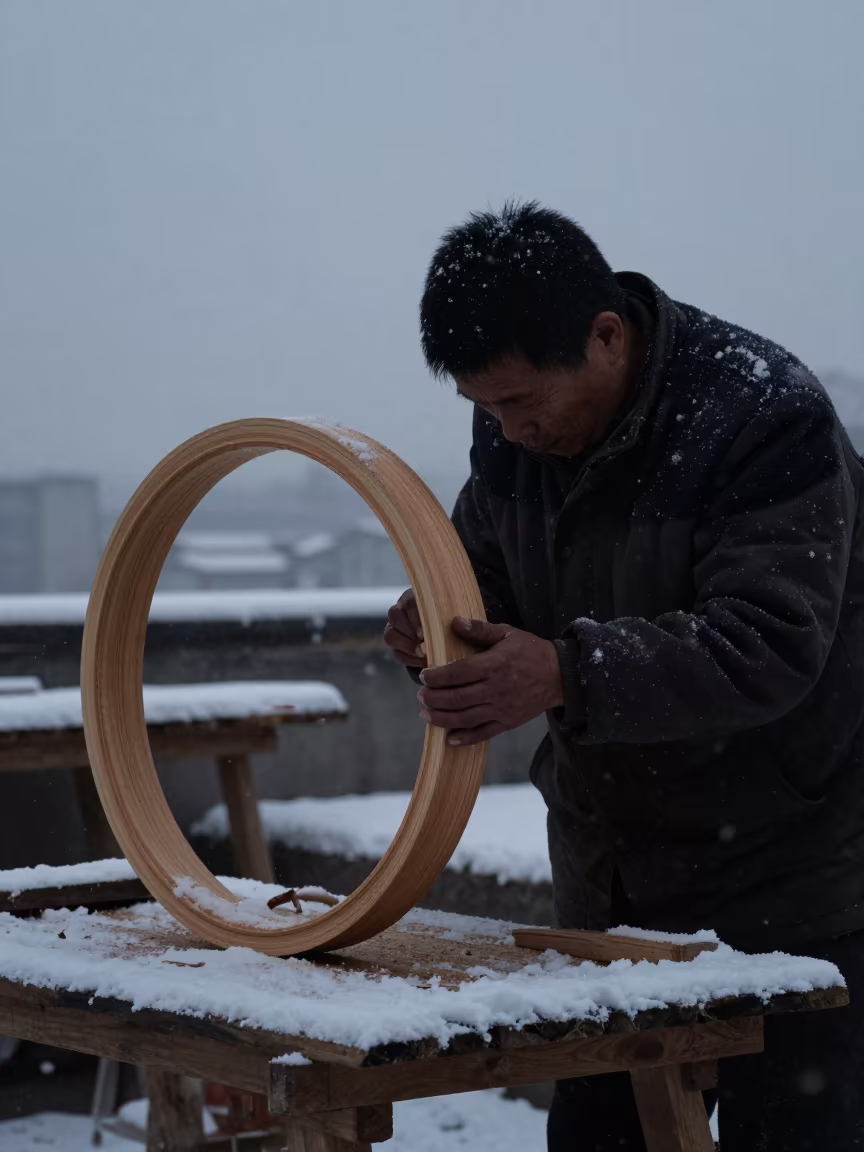 Wheelwright Shaping Wooden Rim at Dawn in Nanjing in in Nanjing