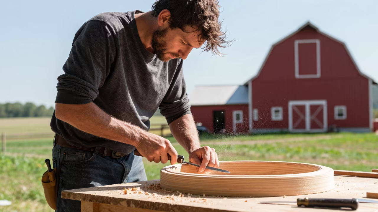 Wheelwright Shaping Wooden Rim Midmorning in near Des Moines