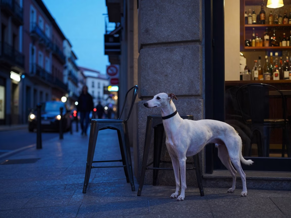 Whippet and Metal Stools in Madrid Indigo Twilight Street Scene in in Madrid, Spain