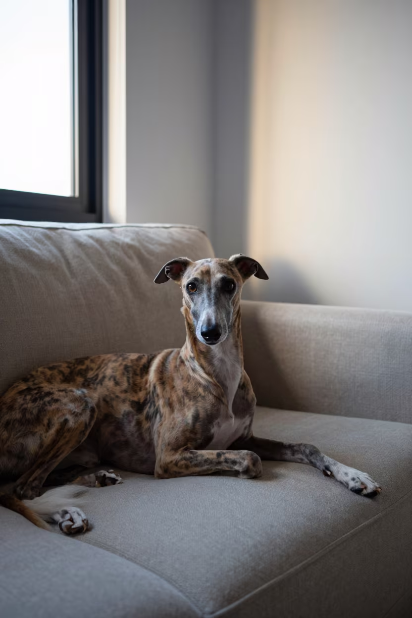 Whippet on Linen Sofa at Nautical Dawn in on a linen sofa with daylight from a nearby window near Piura