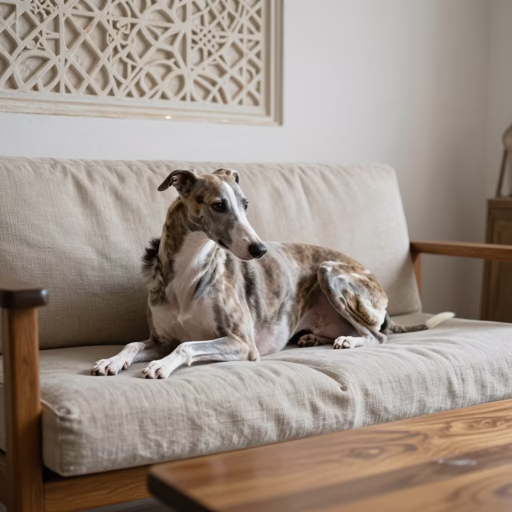 Whippet on Linen Sofa in Fez Late Morning in on a linen sofa with daylight from a nearby window in Fez
