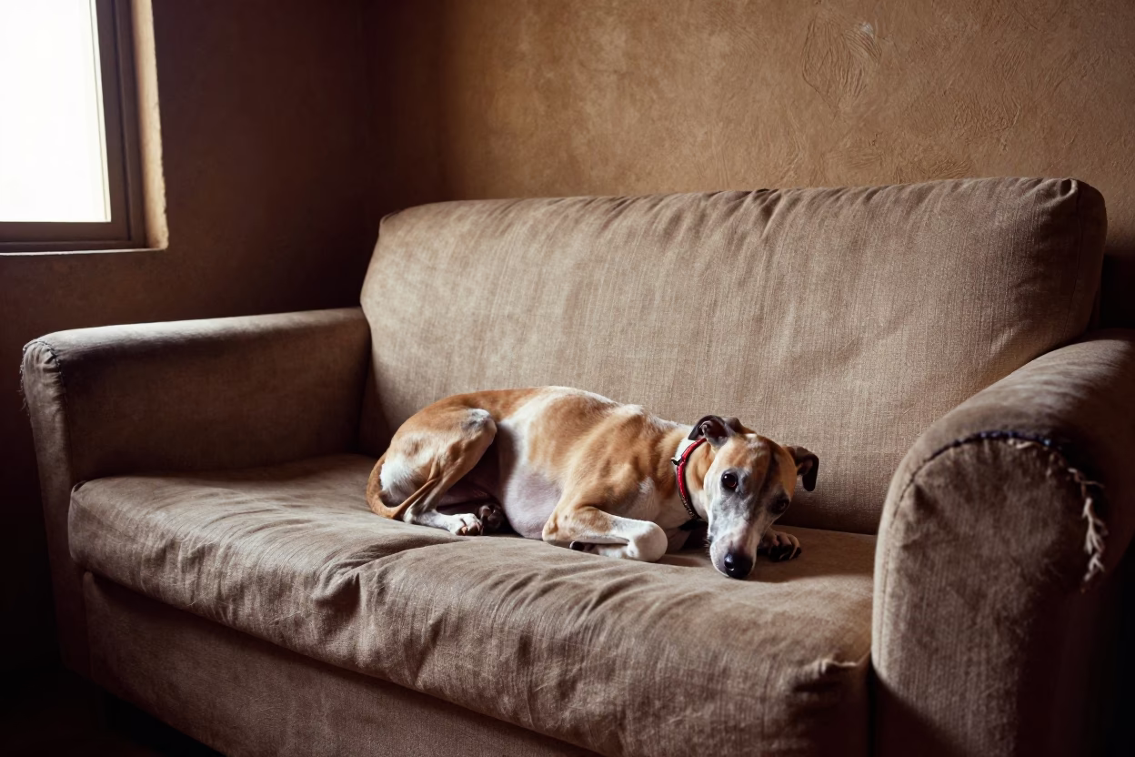 Whippet on Linen Sofa in Sumbe Daylight in on a linen sofa with daylight from a nearby window in Sumbe