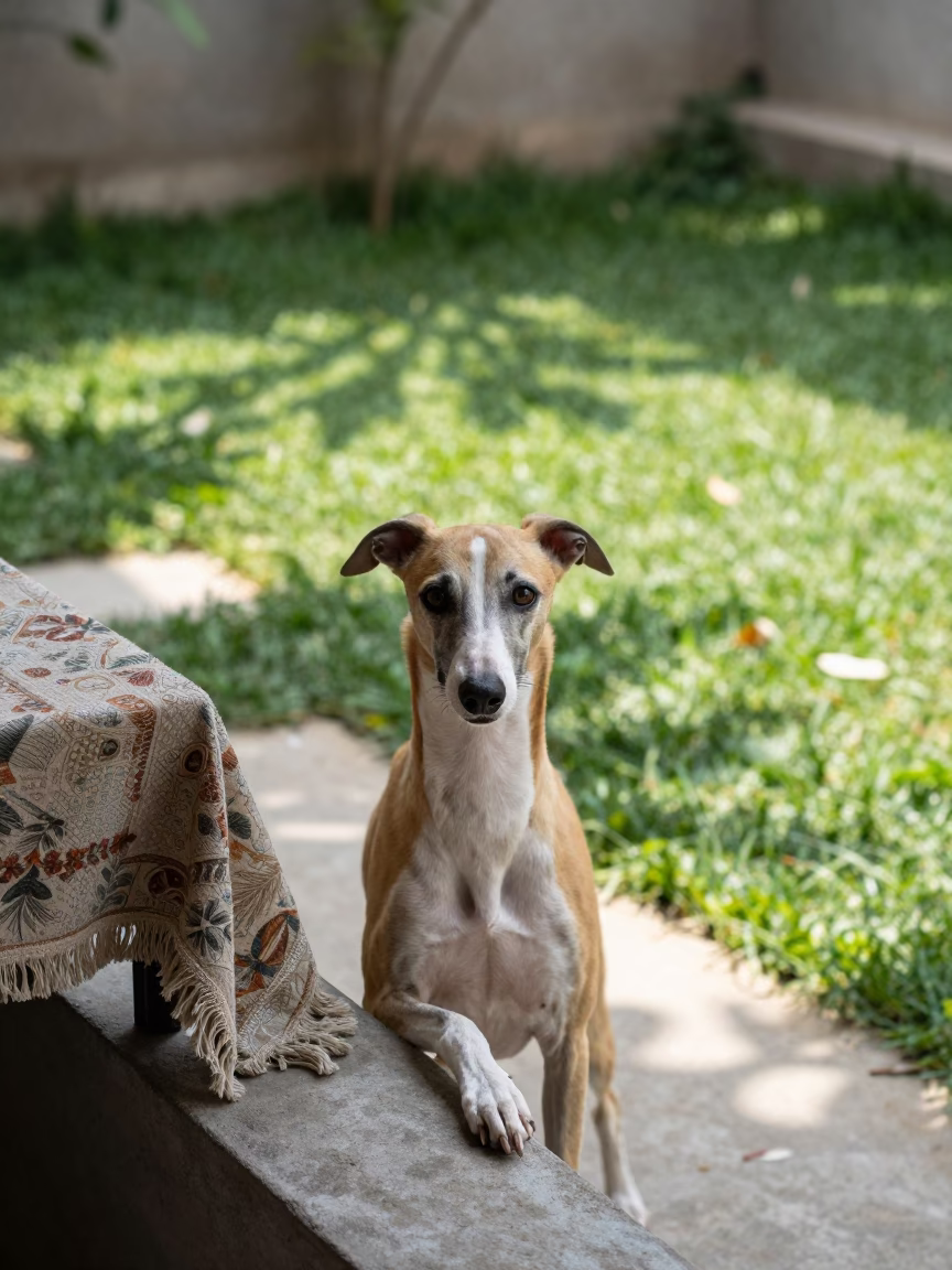 Whippet on Shaded Karachi Porch Lived-In Moment in in a small yard with clipped grass, calm light, and the animal centered in frame in Karachi