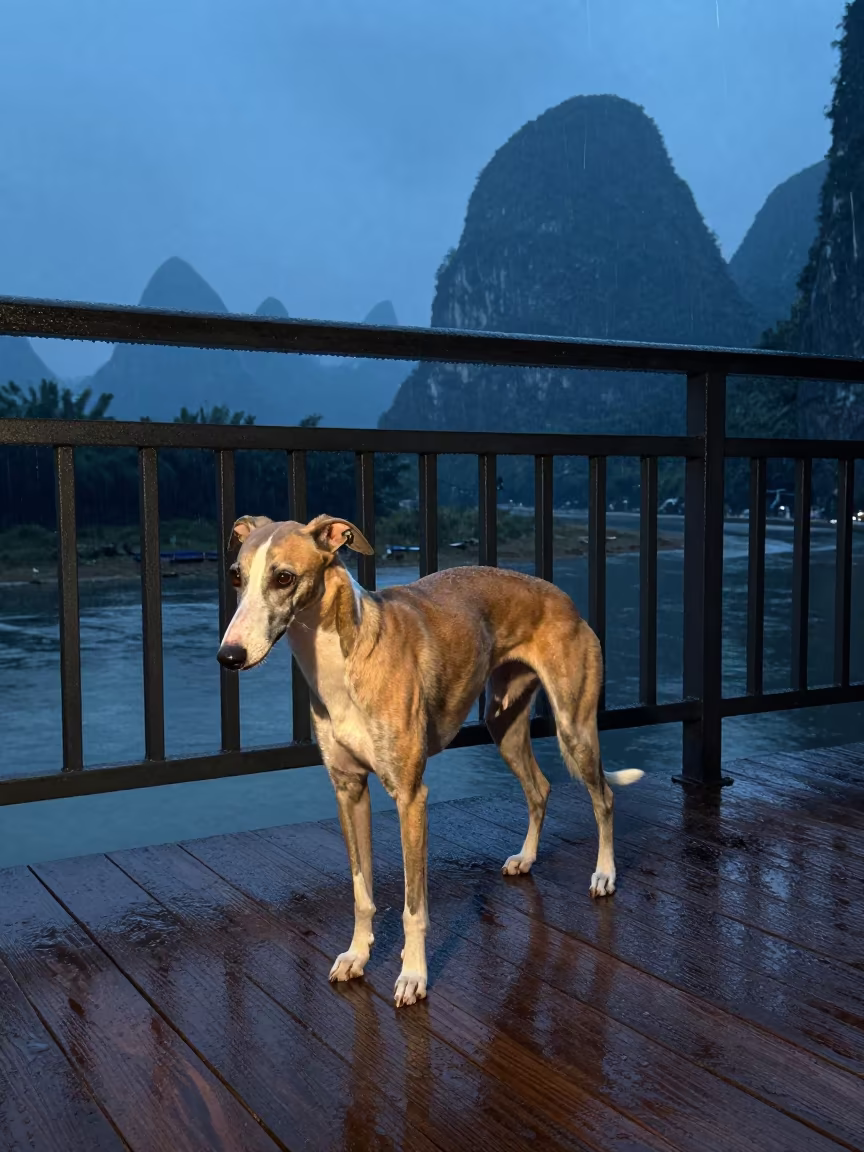 Whippet on Shaded Porch in Guilin Twilight Rain in on a shaded front porch with boards, railings, and eye-level framing in Guilin