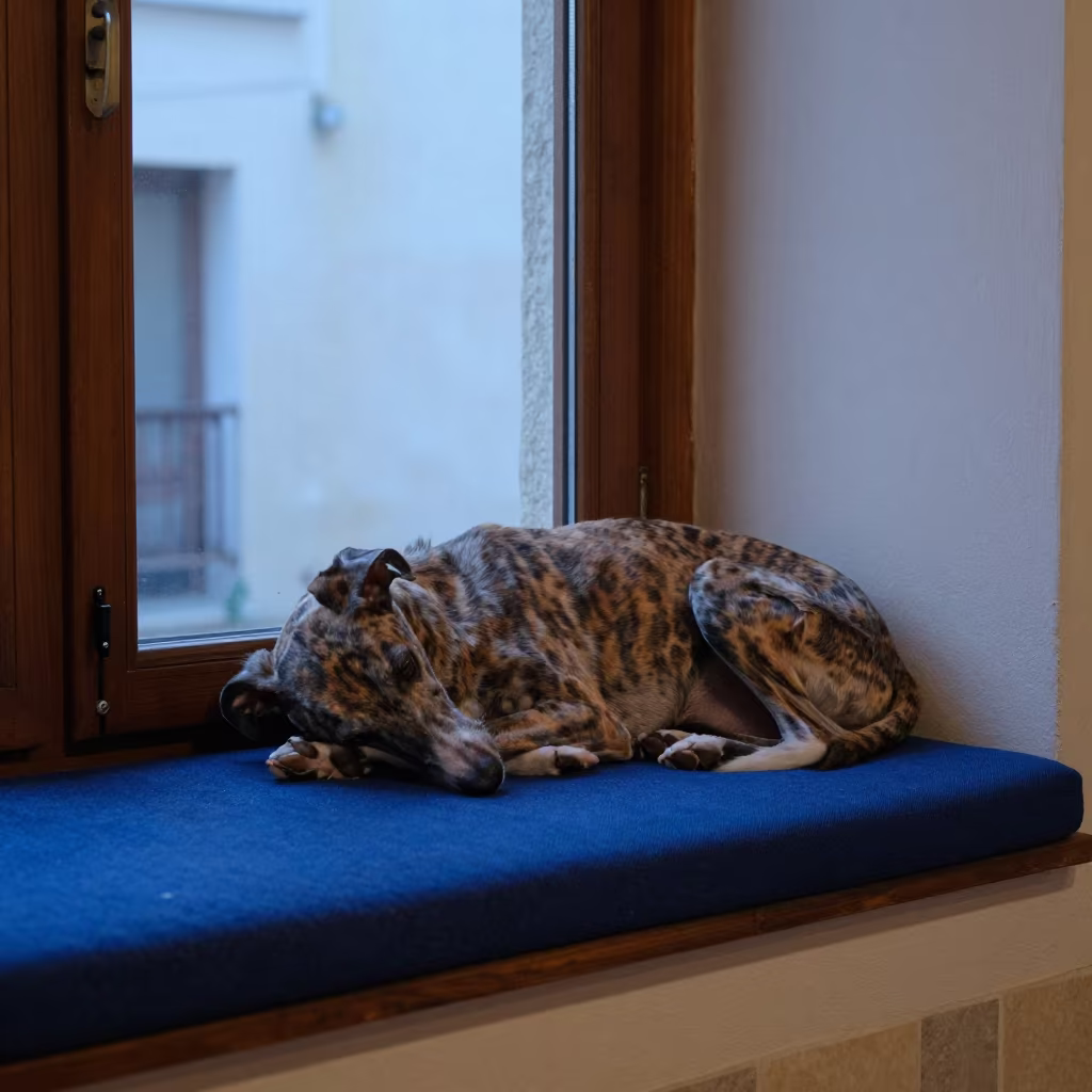 Whippet on Window Seat in Kenitra Morning Light in on a window seat in a quiet apartment with soft side light near Kenitra