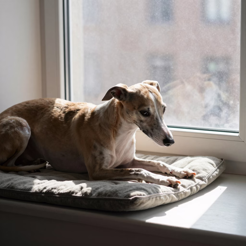 Whippet on Window Seat in Tianjin Apartment in on a window seat in a quiet apartment with soft side light in Tianjin