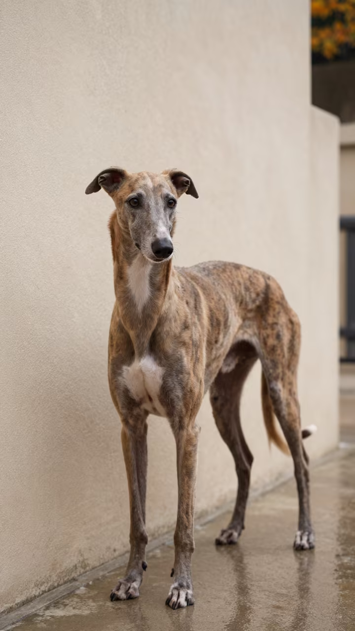 Whippet Portrait in Haifa Courtyard with Winter Light in beside a plain courtyard wall in clear daylight with the animal at eye level in Haifa