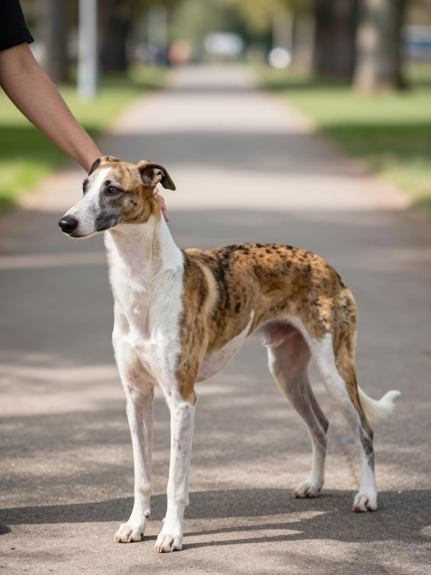 Whippet Portrait in Park Shade with Human Hand in along a quiet park path with soft open shade and a clean background near Tamale