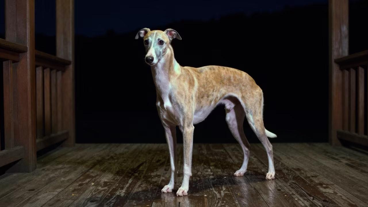 Whippet Portrait on Shaded Fuzhou Porch at Night in on a shaded front porch with boards, railings, and eye-level framing in Fuzhou