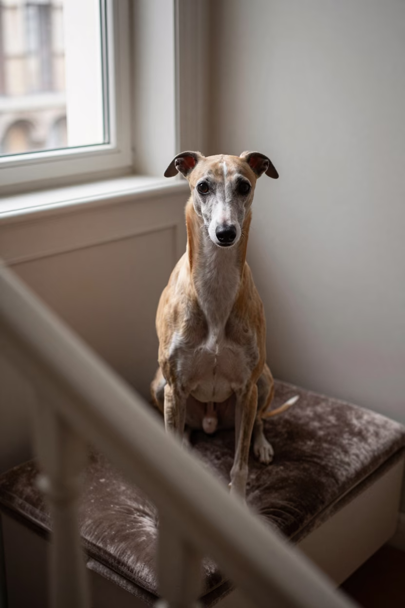 Whippet Portrait on Window Seat Near Antwerp in on a cushioned window seat with soft side light and an uncluttered background near Antwerp