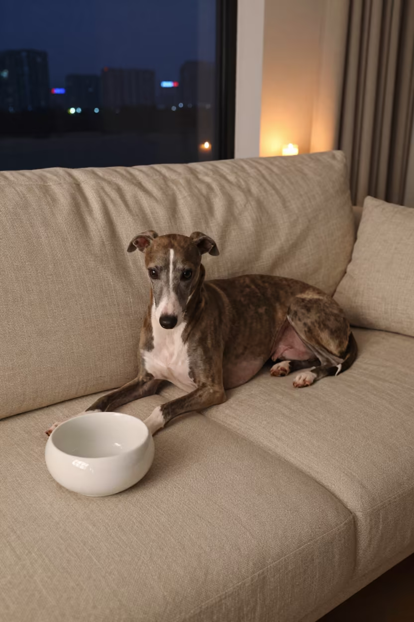 Whippet Resting on Linen Sofa in Wuhan Home in on a linen sofa with daylight from a nearby window in Wuhan