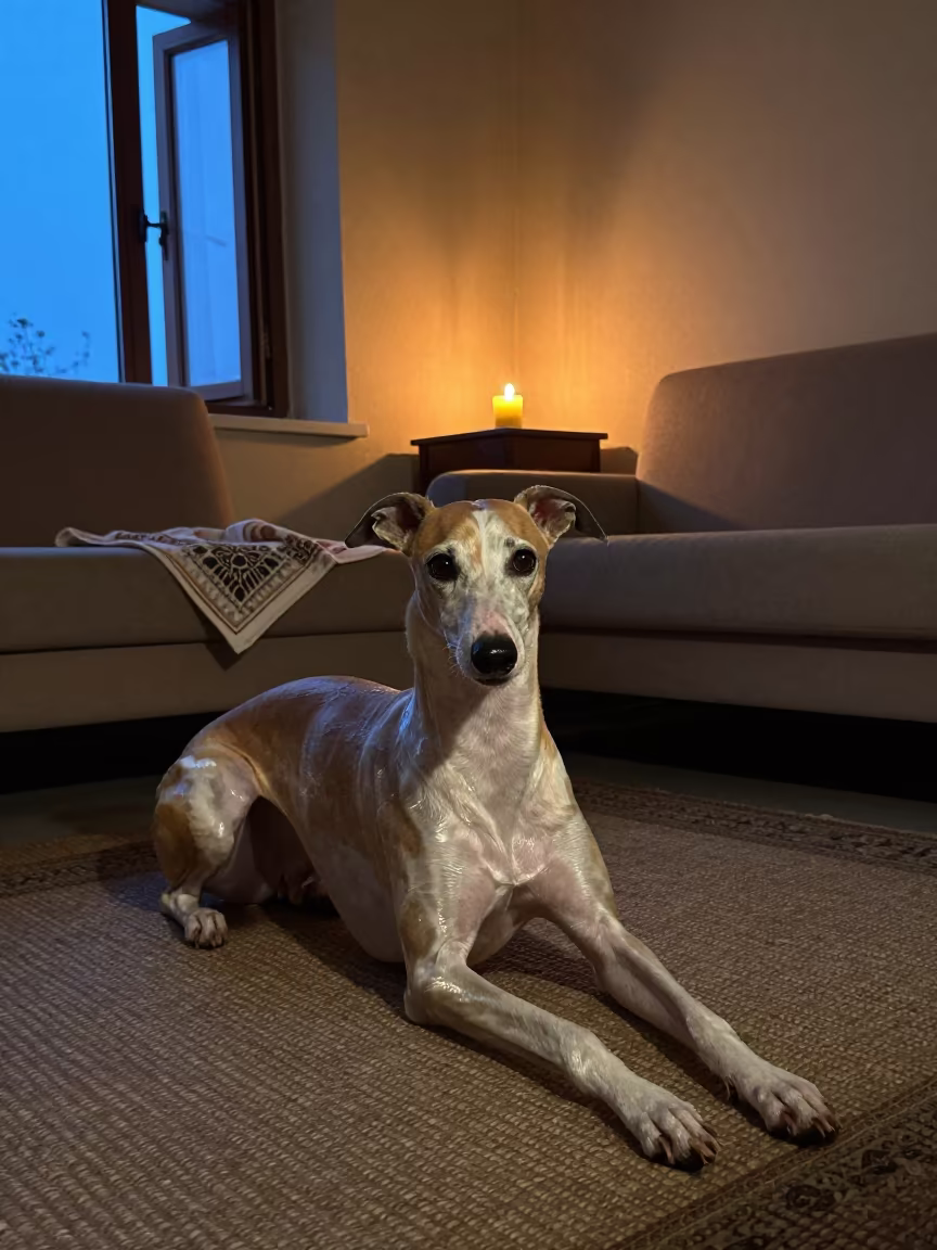 Whippet Resting on Rug in Shahrisabz Candlelight in on a woven rug beside a low couch and an uncluttered wall near Shahrisabz