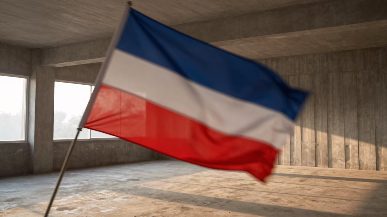 Whipping Flag in Myitkyina Dawn Light in inside a ribbed concrete lobby in Myitkyina