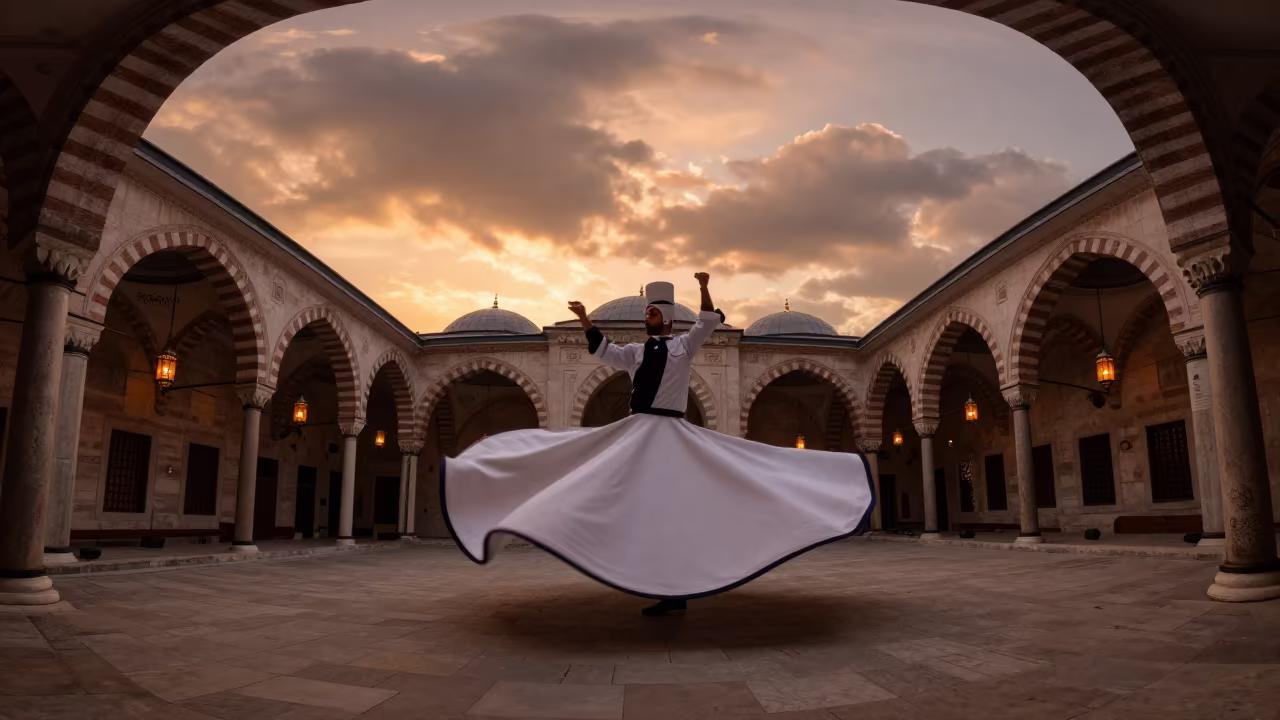 Whirling Dervish in Amber Light at Istanbul Shrine in in a shrine lined with lanterns in Istanbul